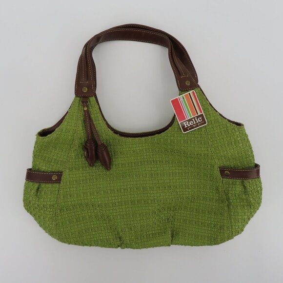 Y2K Relic Green Tweed Faux Brown Leather Hobo Shoulder Handbag Purse Bag NEW NWT - Picture 11 of 12